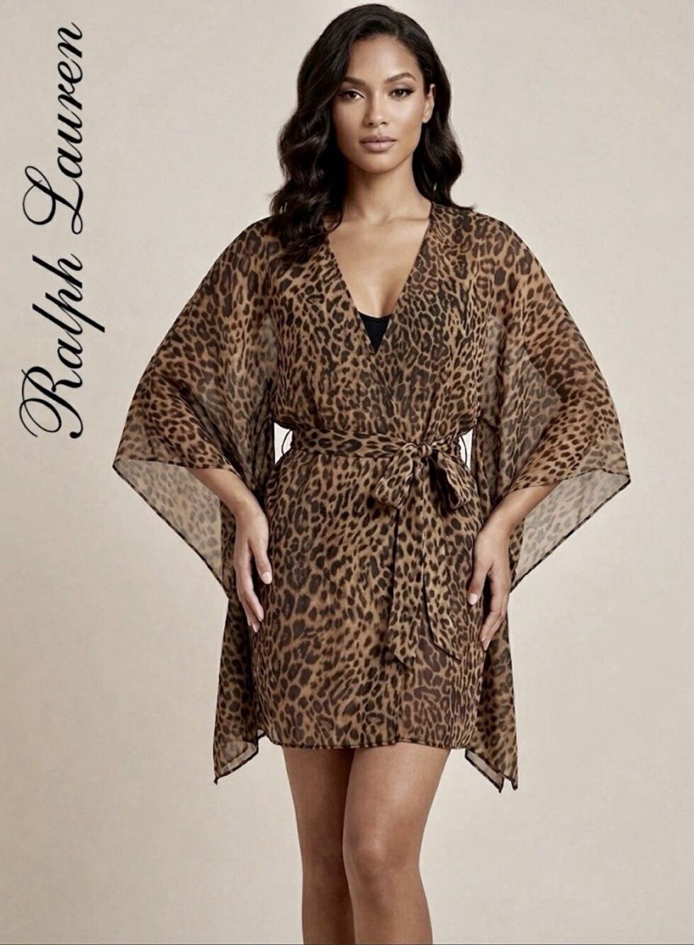 Lauren Ralph Lauren Leopard Print Sheer Swim Cover Up Tunic Kimono Robe One Size